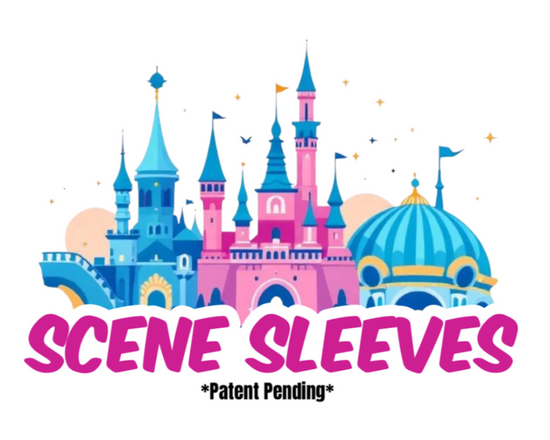 Colorful castle design with 'Scene Sleeves' text on a white background