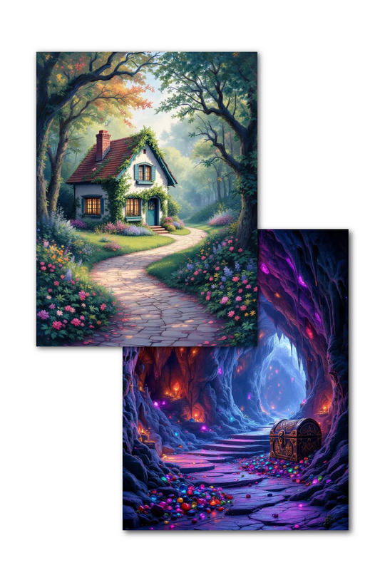 Forest Cottage & Cavern Gems Double Sided Scene Sleeve